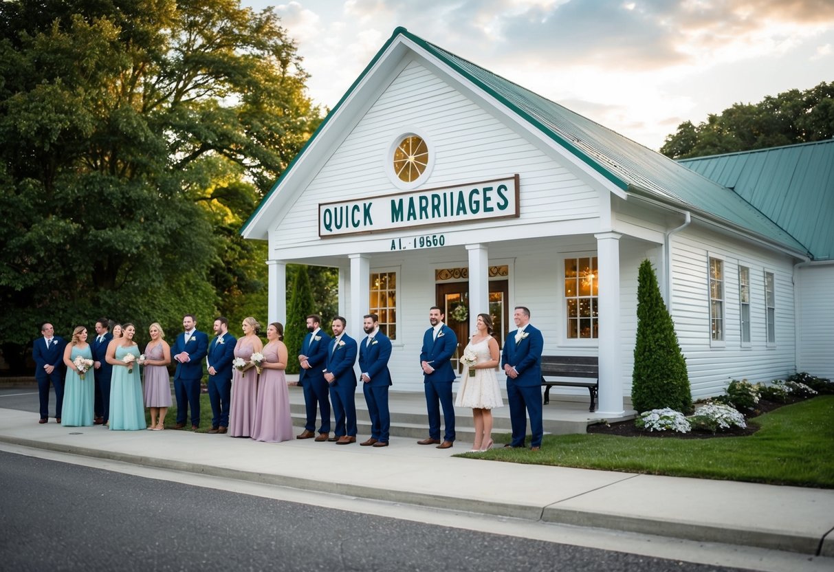 A wedding chapel with a sign reading "Quick Marriages" and a line of eager couples waiting outside