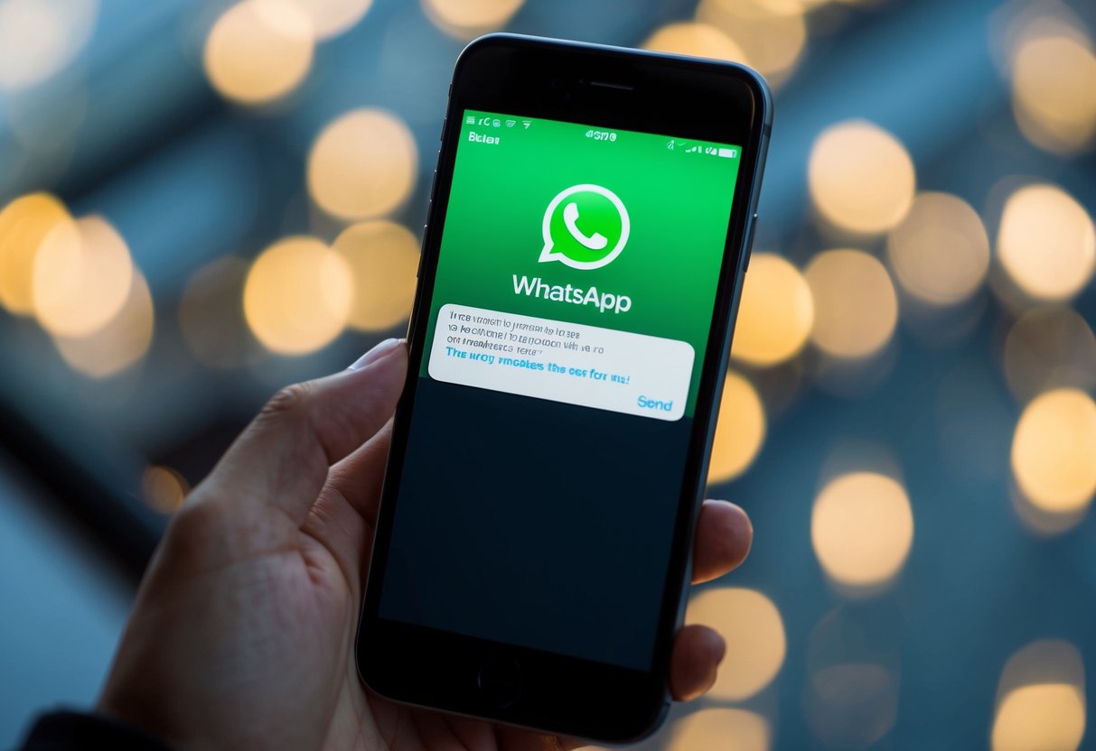 A smartphone with the WhatsApp app open, displaying a chat window with an invitation message and a finger hovering over the send button