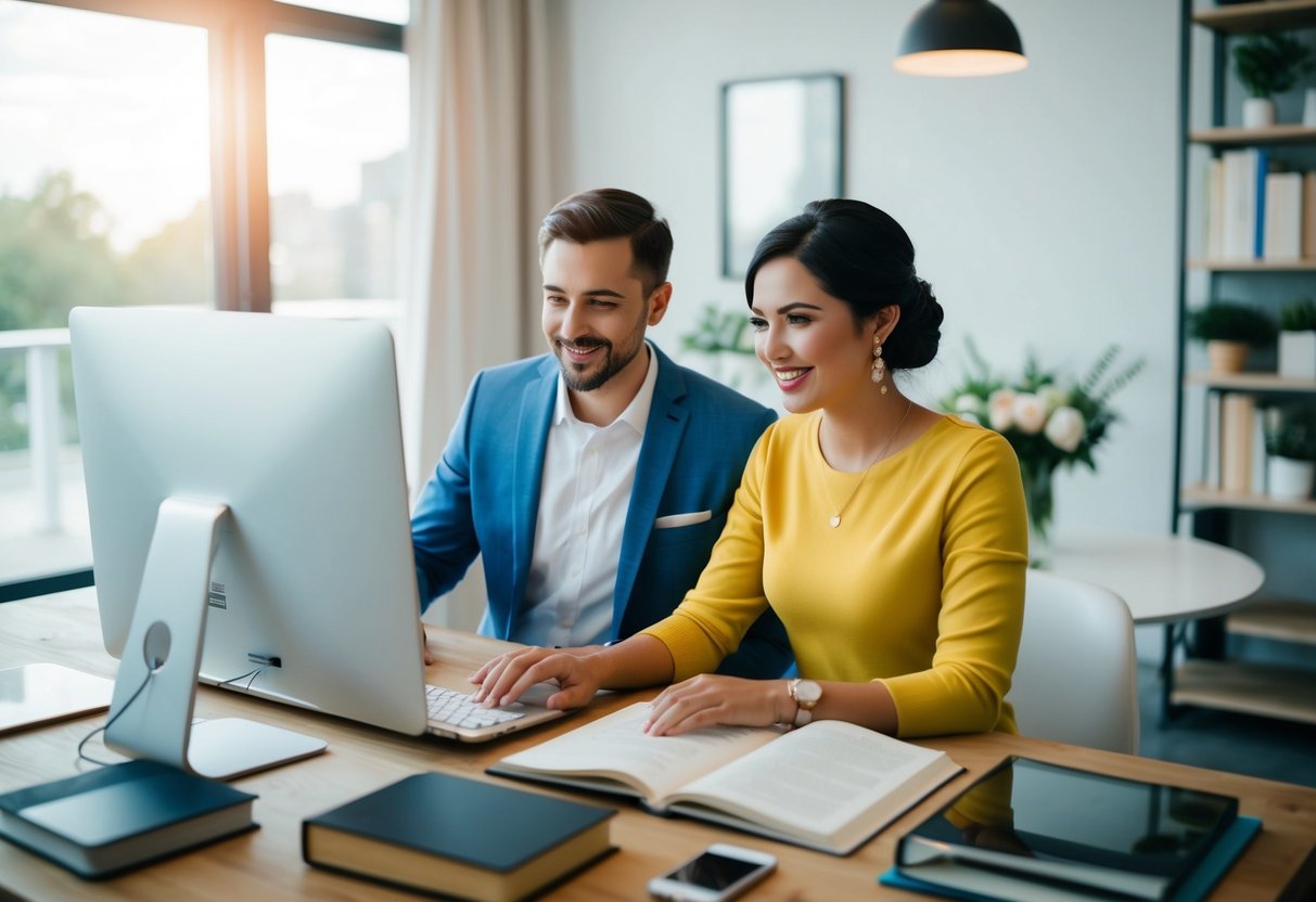 A couple sitting at a computer, surrounded by wedding planning books and digital devices, searching for quick marriage options online