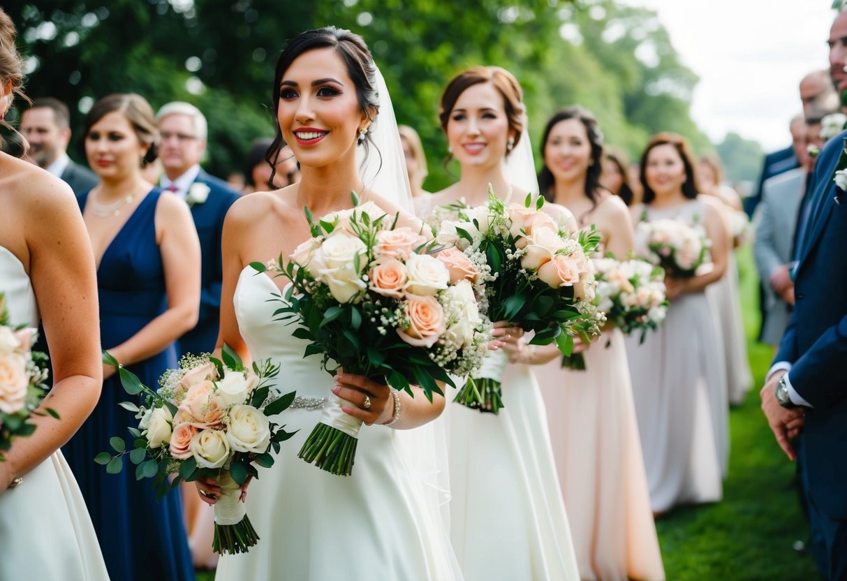 Brides carry bouquets of flowers down the aisle