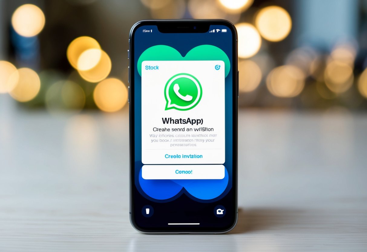 A smartphone with a WhatsApp interface open, showing the option to create and send an invitation