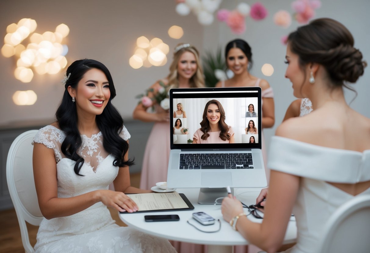 A virtual bridesmaid coordinates wedding details via video call, assists with dress fittings, and organizes virtual bridal showers and bachelorette parties