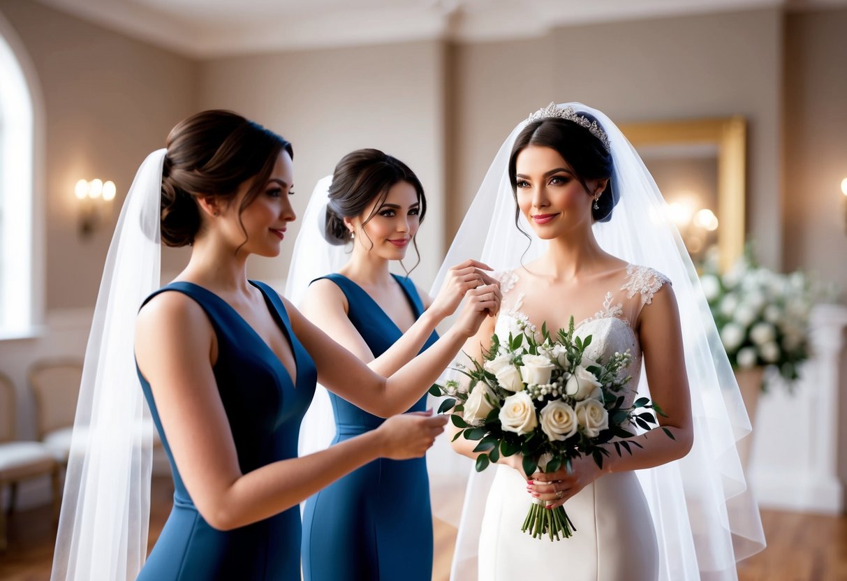 A virtual bridesmaid adjusts the bride's digital veil and bouquet before the virtual wedding ceremony begins