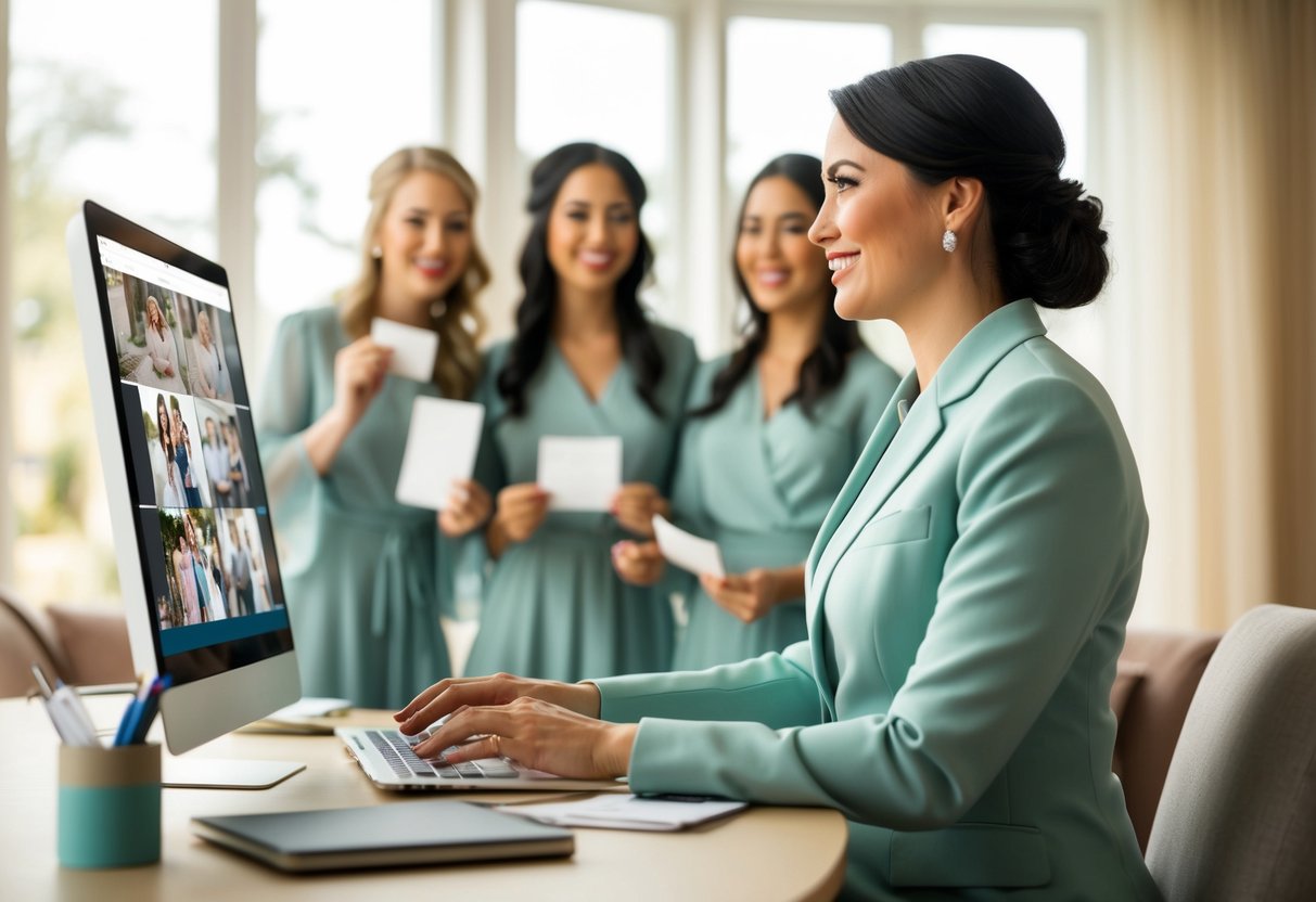 A virtual bridesmaid coordinates post-wedding tasks from her computer, organizing photos, sending thank-you notes, and managing online gift registries