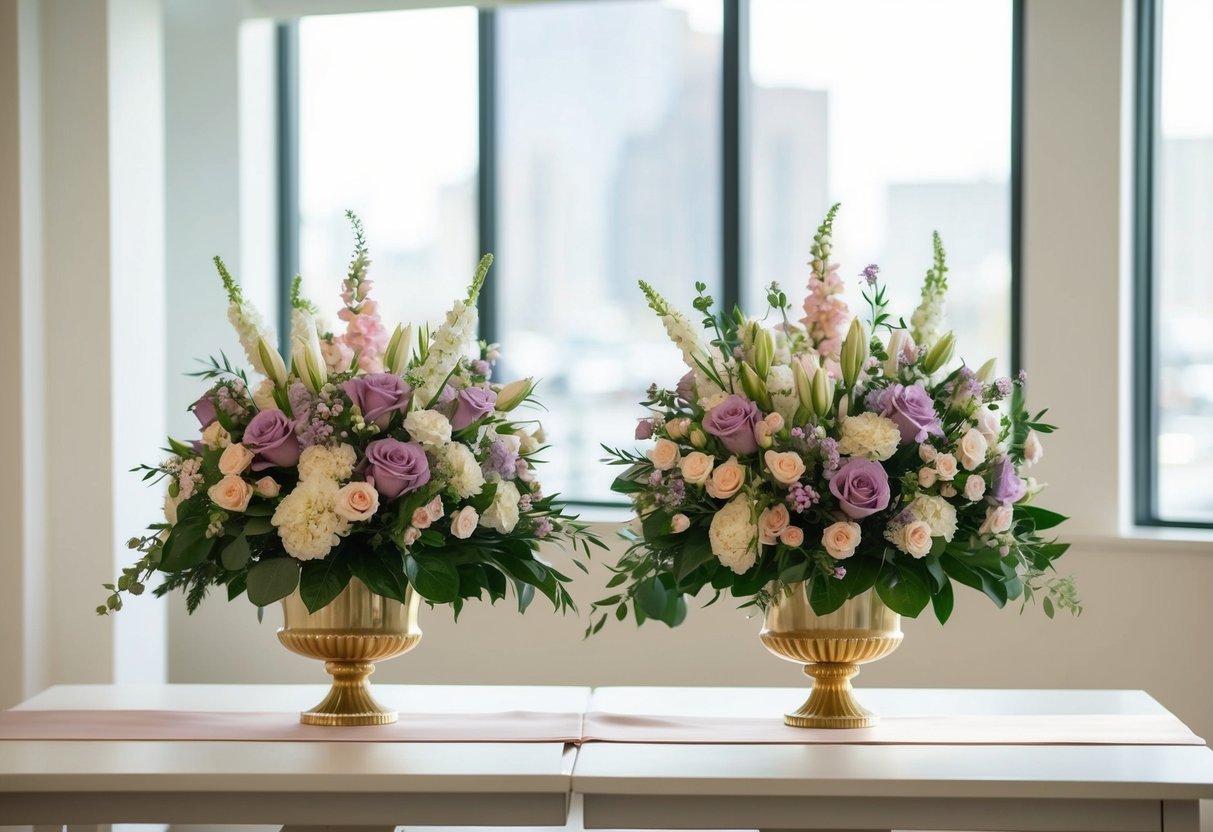 A pair of matching floral arrangements sit on a table, one larger than the other, with coordinating colors and ribbons