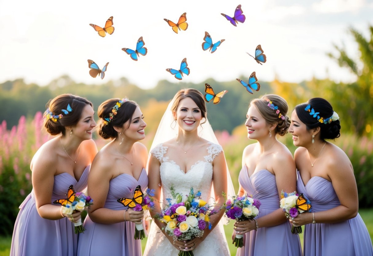 A group of colorful butterflies fluttering around a bride, forming a natural and whimsical alternative to traditional bridesmaids