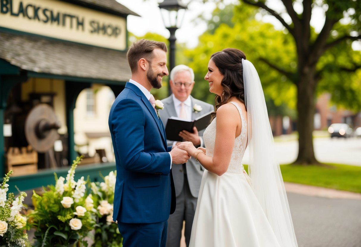 A couple exchanging vows in front of Gretna Green's historic blacksmith shop