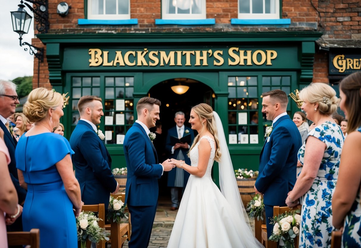 A couple exchanging vows in front of the famous blacksmith's shop at Gretna Green, with a crowd of witnesses and a sense of historical significance