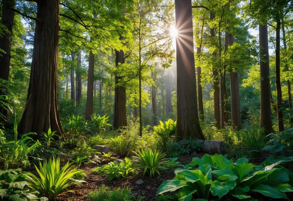 A lush forest clearing with various plants and wildlife, surrounded by towering trees and dappled sunlight filtering through the leaves