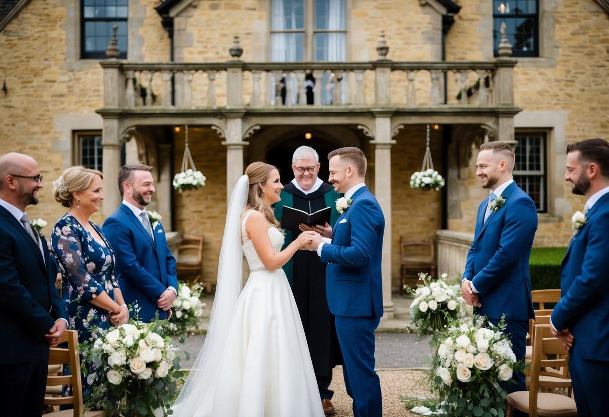 A couple exchanging vows in front of a historic Gretna Green marriage venue, with witnesses and a celebrant present