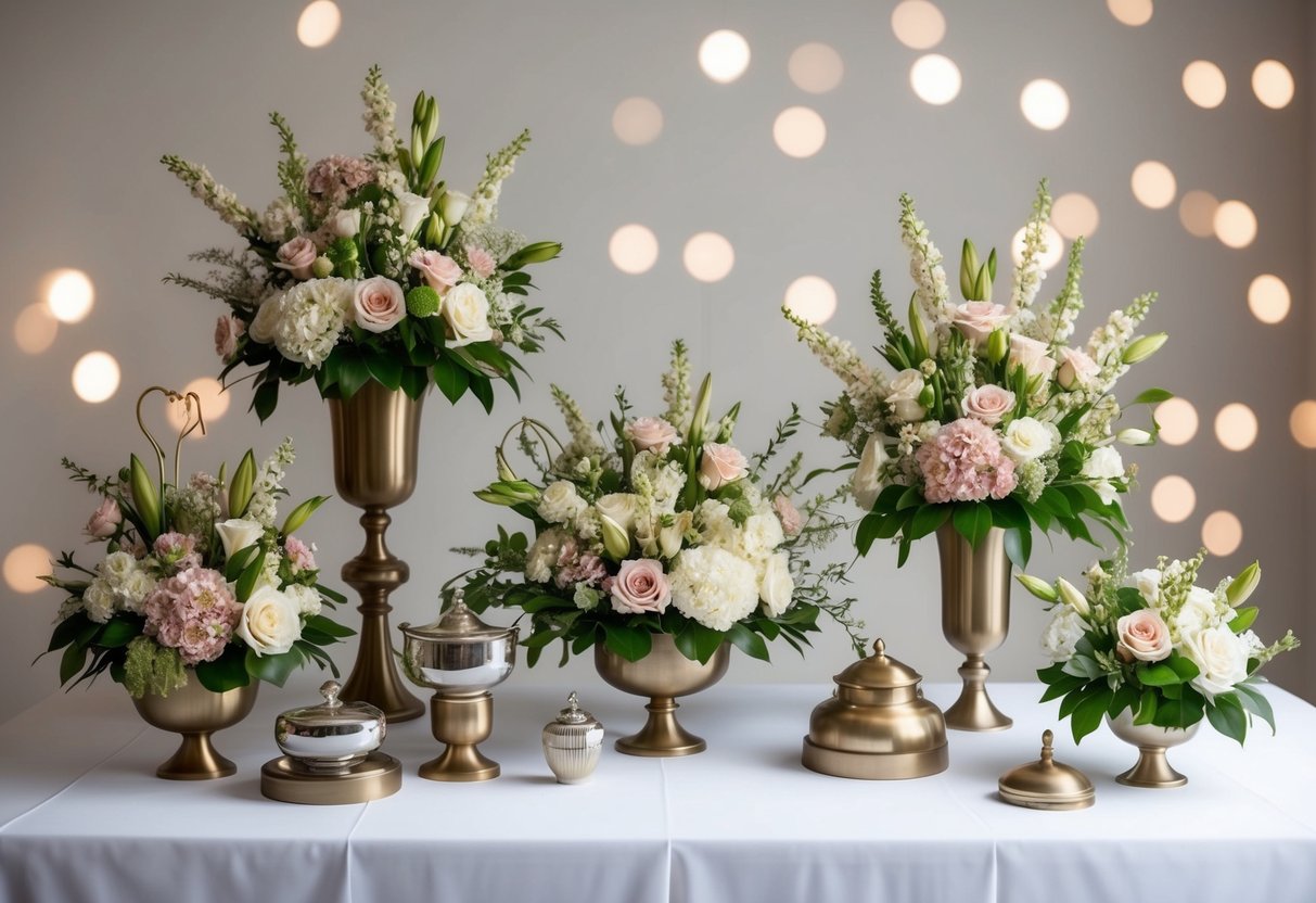 A group of elegant floral arrangements and decorative accessories arranged in a cohesive and harmonious display