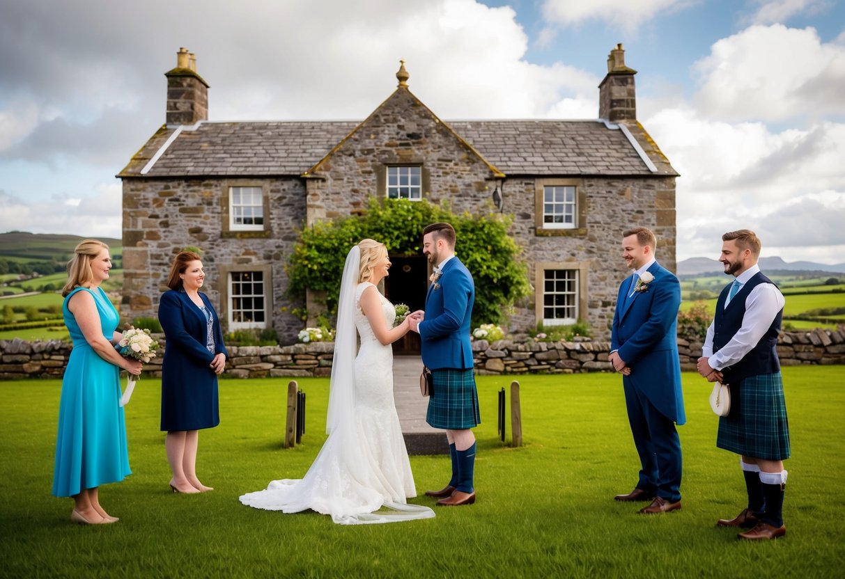 A couple stands before an old stone building in Gretna Green, exchanging vows as a witness looks on. The picturesque Scottish countryside surrounds them