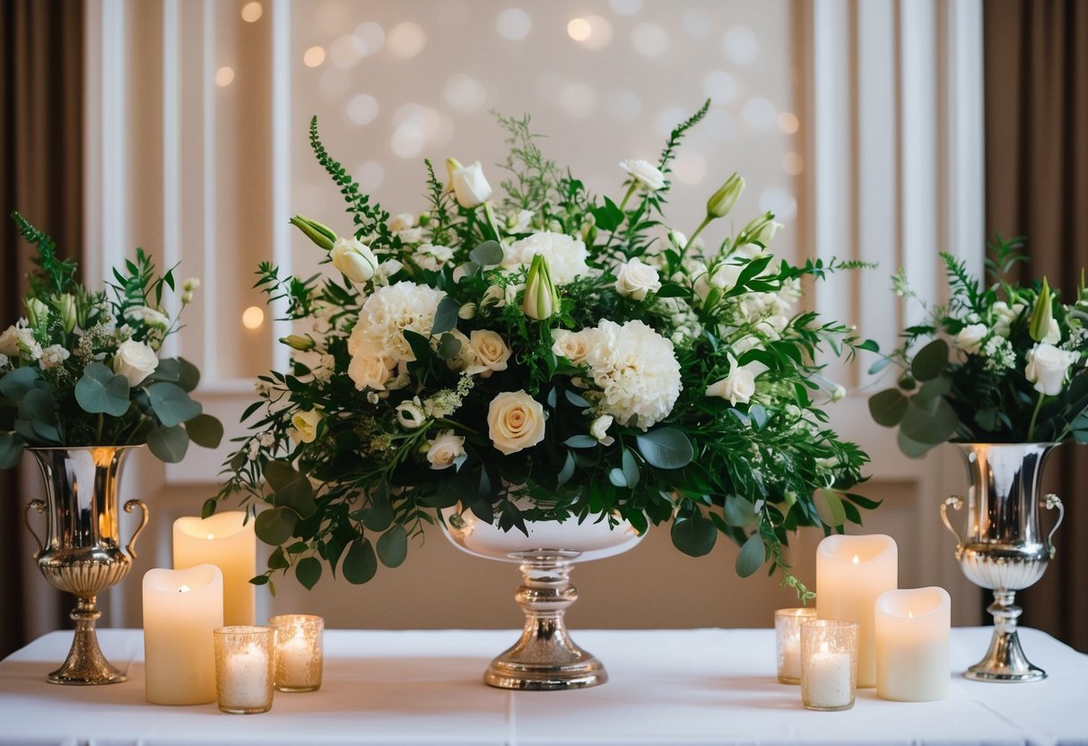 A bride's bouquet of flowers and greenery arranged on a decorative stand, surrounded by candles and elegant vases