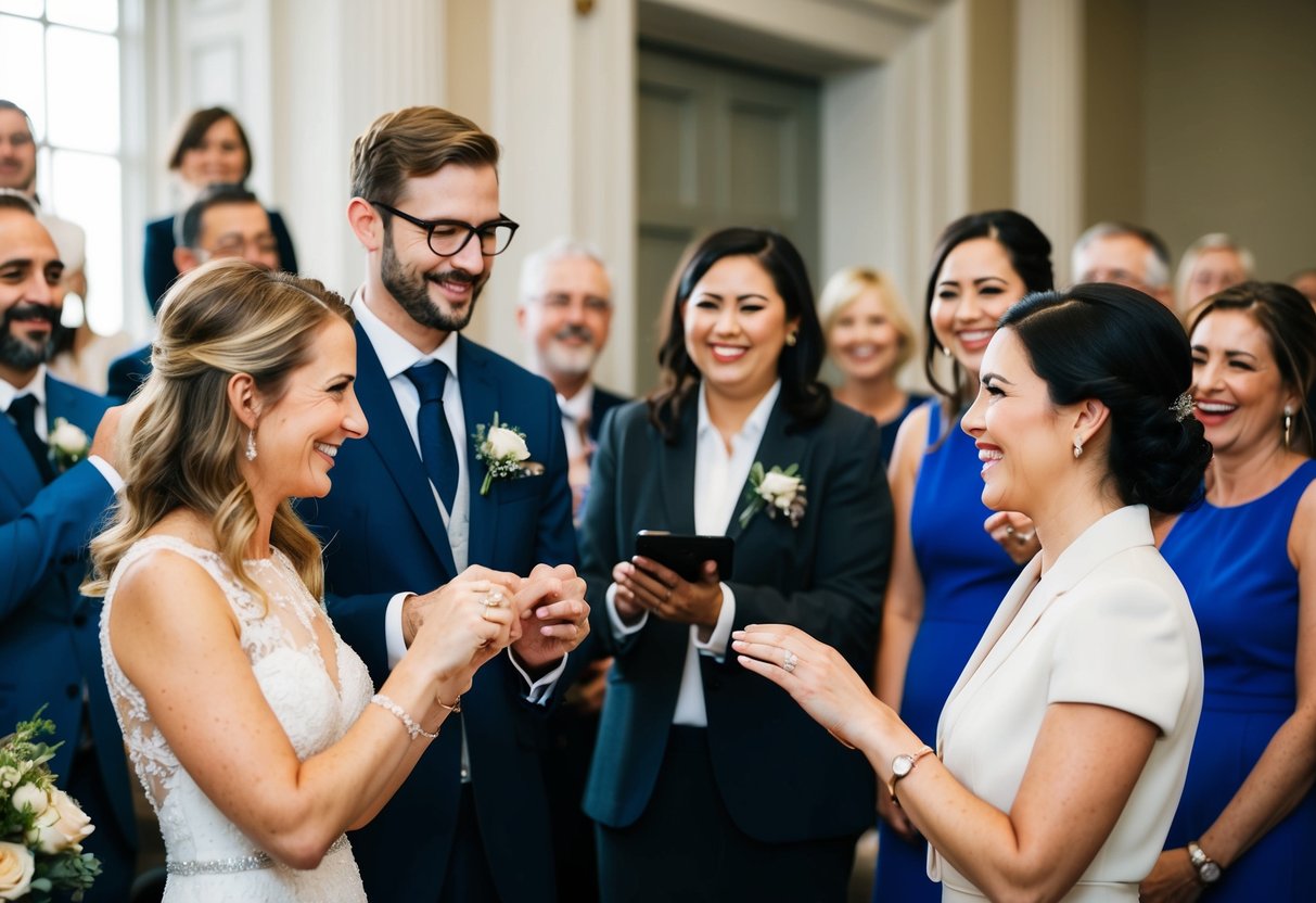 A couple exchanging rings in front of a registrar with a small crowd of friends and family cheering them on