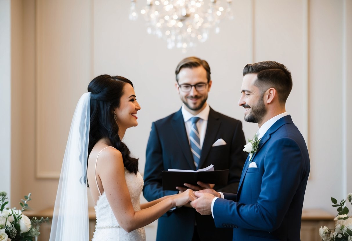A couple standing in front of a registrar, exchanging vows in a simple, elegant ceremony