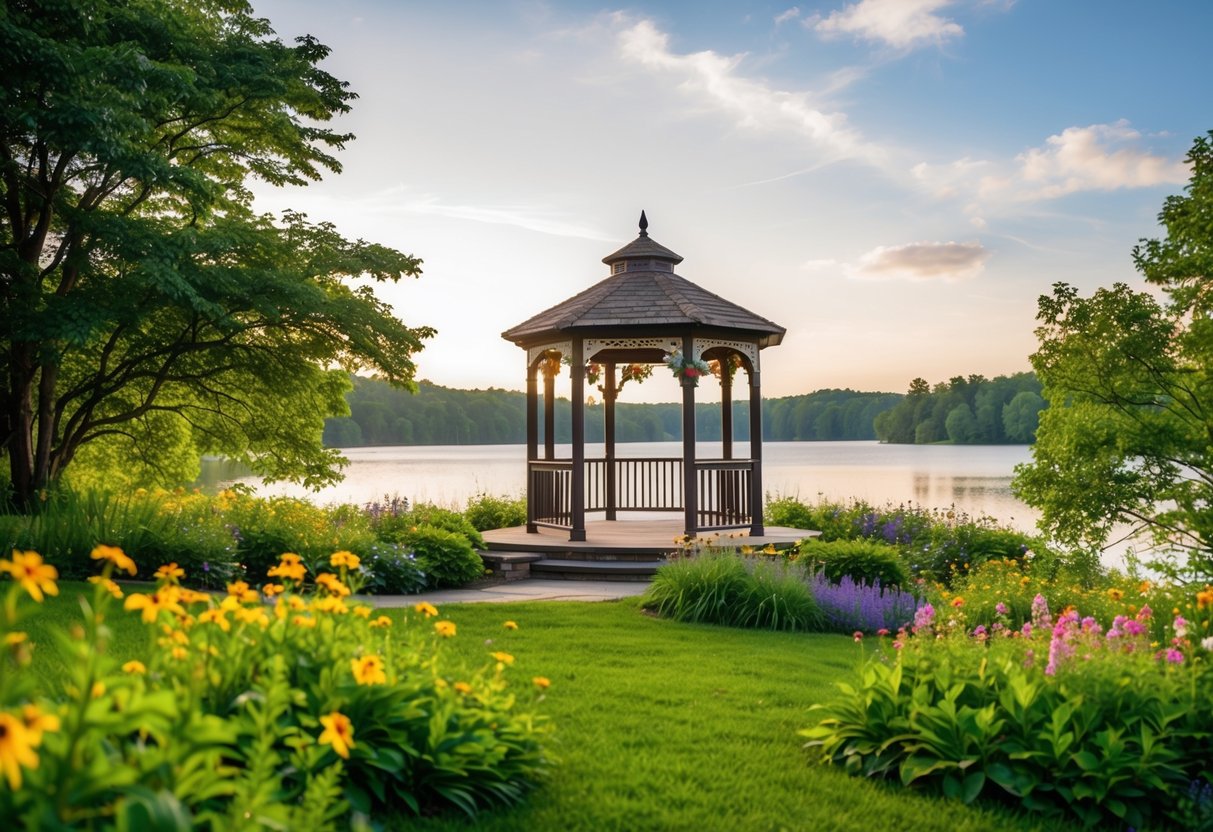 A picturesque outdoor setting with a flower-adorned gazebo, overlooking a tranquil lake, surrounded by lush greenery and colorful wildflowers