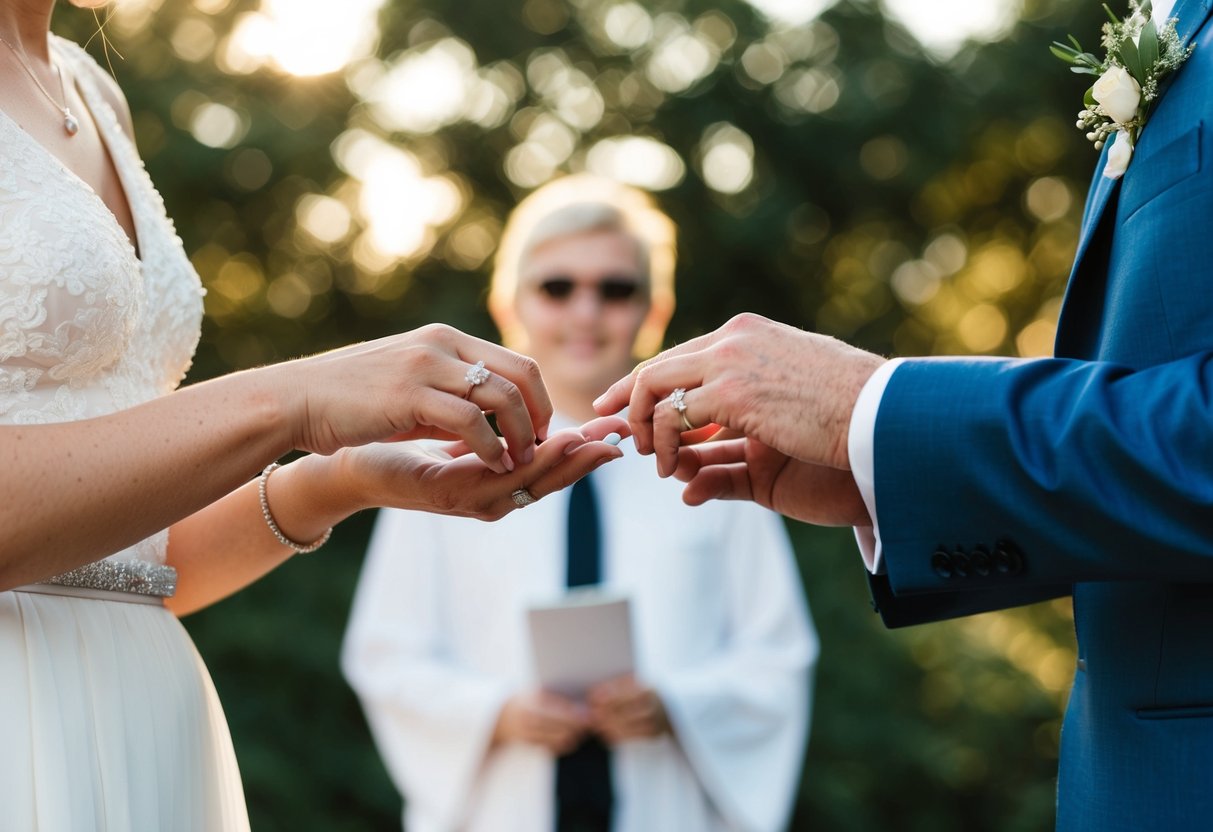 A couple exchanging rings in a simple, outdoor ceremony