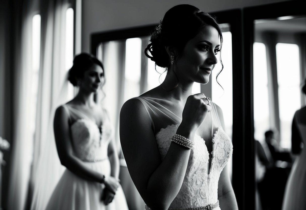 A bride's silhouette with a bracelet on her left wrist, standing in front of a mirror