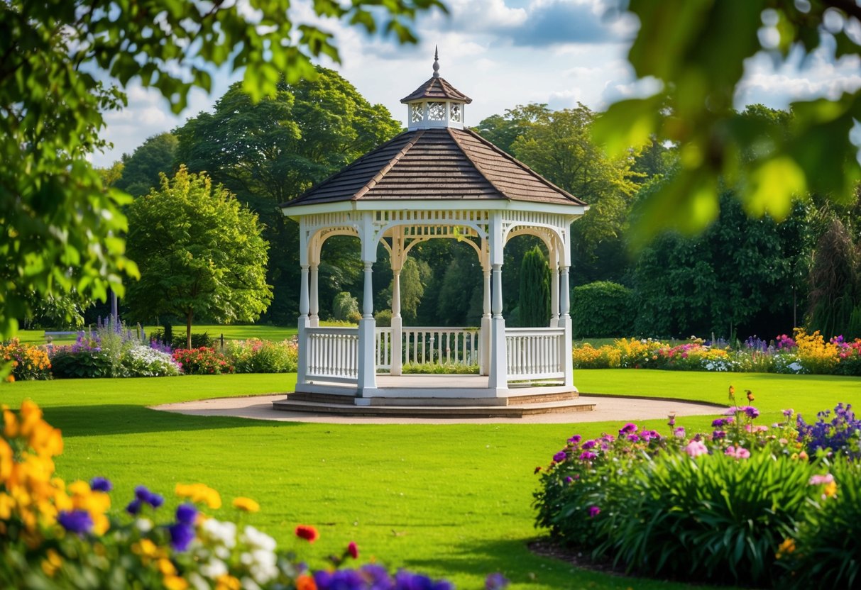 A beautiful park in the UK with a charming gazebo surrounded by colorful flowers and lush greenery