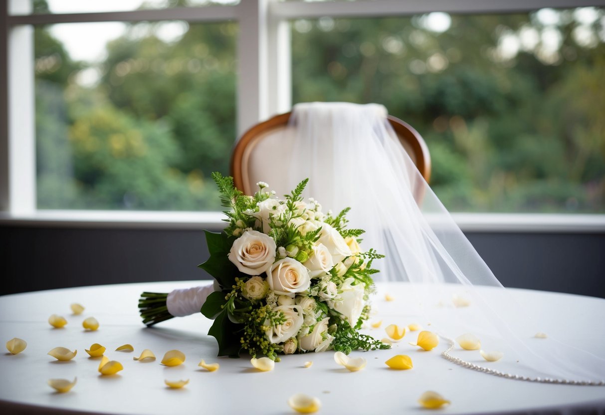 A wedding bouquet left behind on a table, surrounded by scattered petals and a forgotten veil draped over a chair