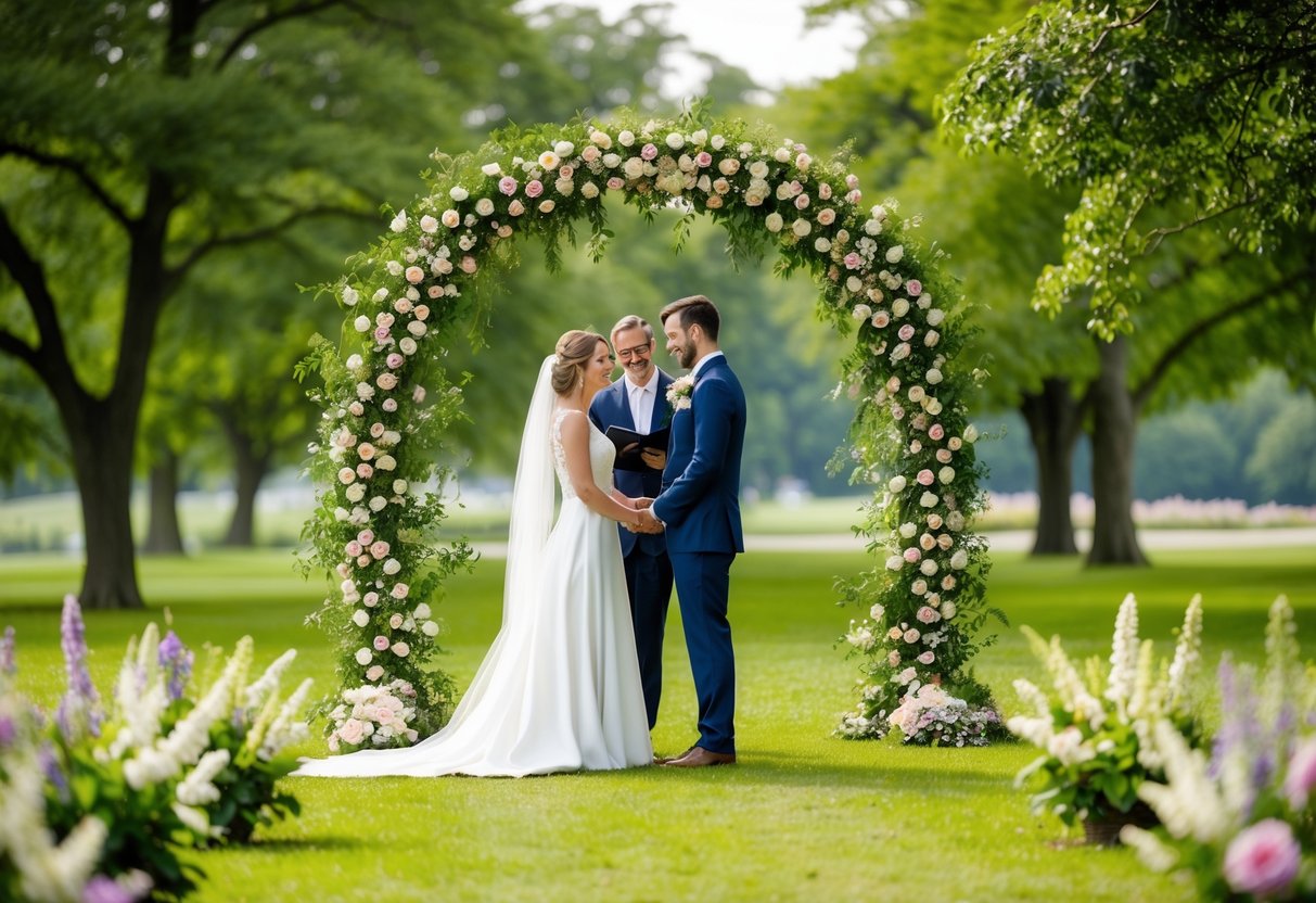 A couple stands under a floral arch in a picturesque park, surrounded by lush greenery and blooming flowers, as they exchange vows