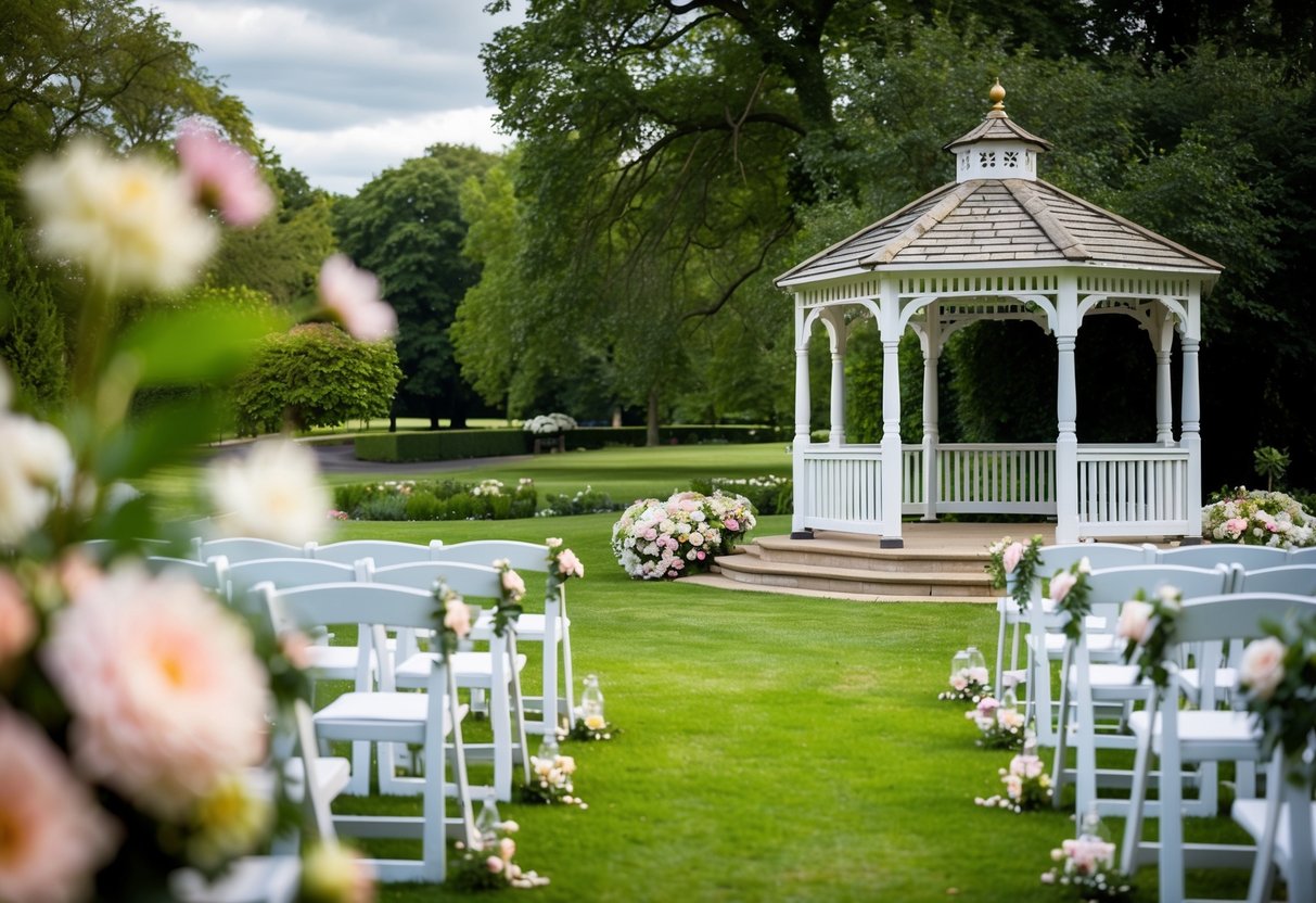 A picturesque park in the UK, with a charming gazebo and blooming flowers, set up for a beautiful wedding ceremony