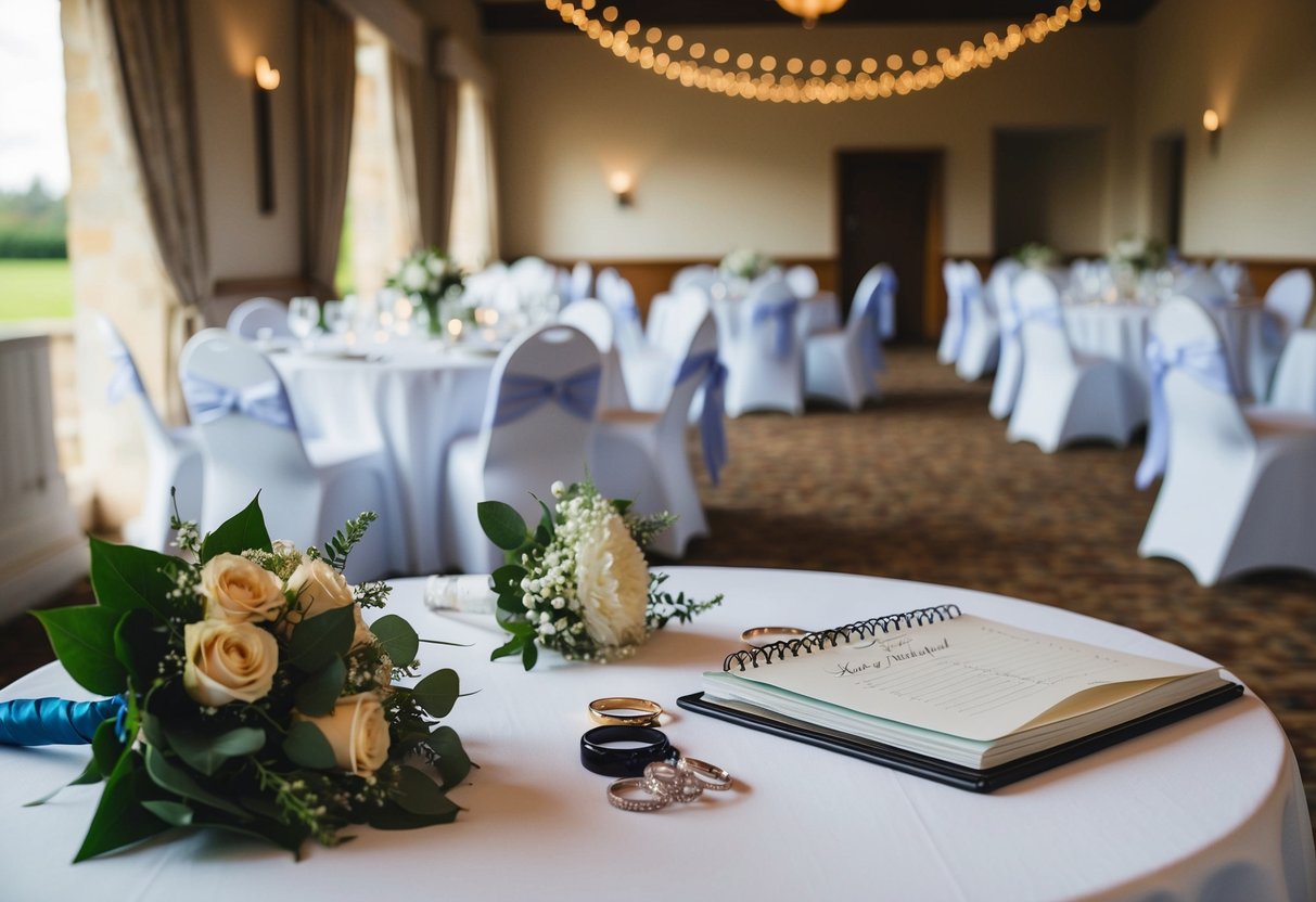 A wedding venue with scattered decorations, forgotten items like a bouquet, rings, and a guestbook left behind on a table