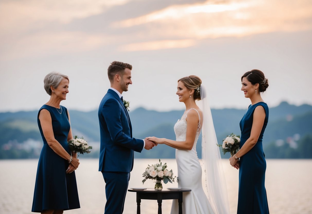 A bride and groom stand before a small table with two witnesses, exchanging vows in a simple and intimate ceremony