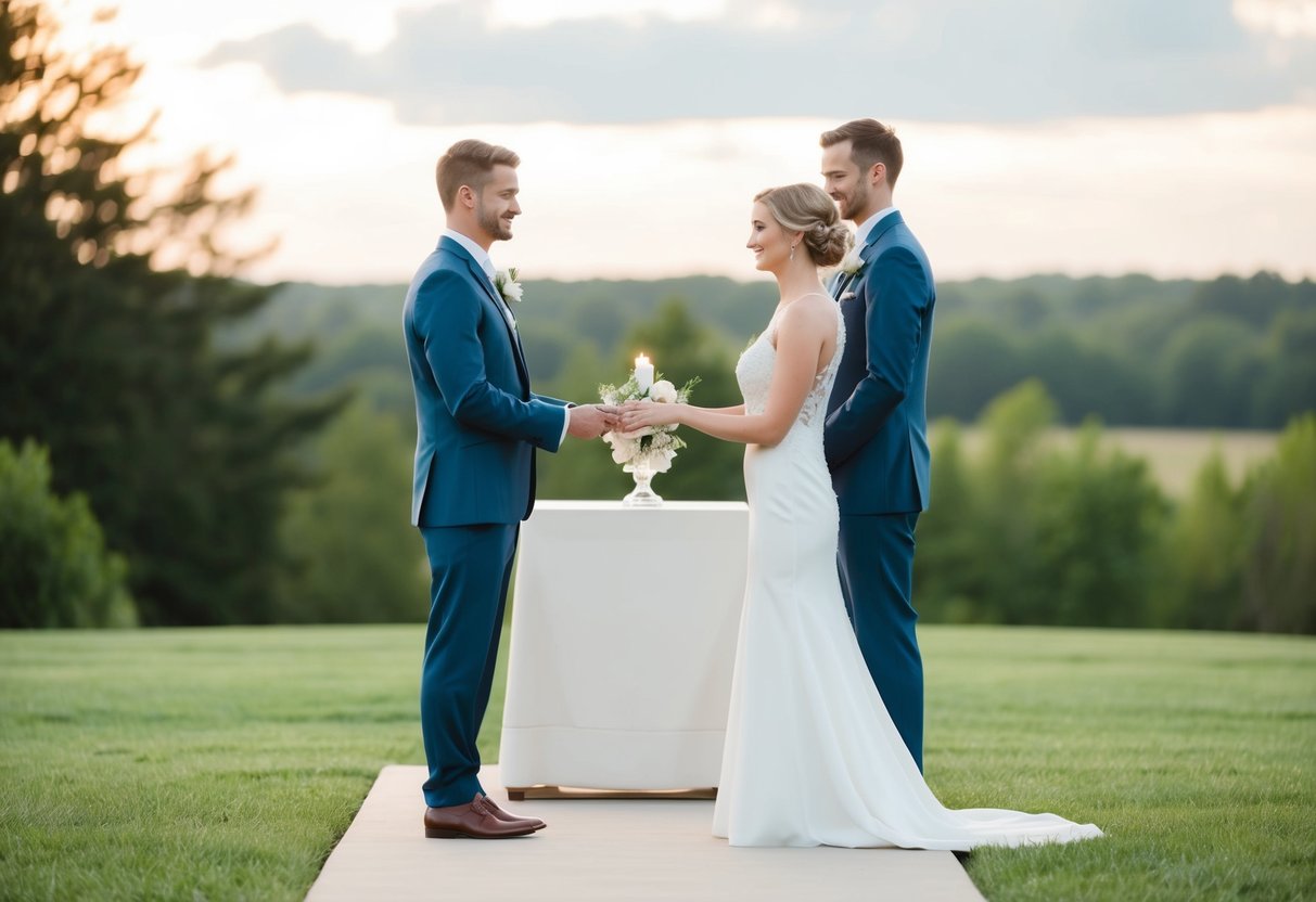A bride and groom stand before a simple altar with two witnesses, exchanging vows in a serene and intimate ceremony