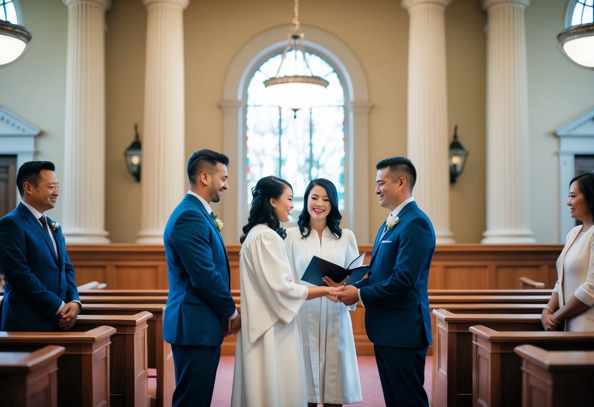 A small intimate ceremony in a courthouse with a couple and two witnesses