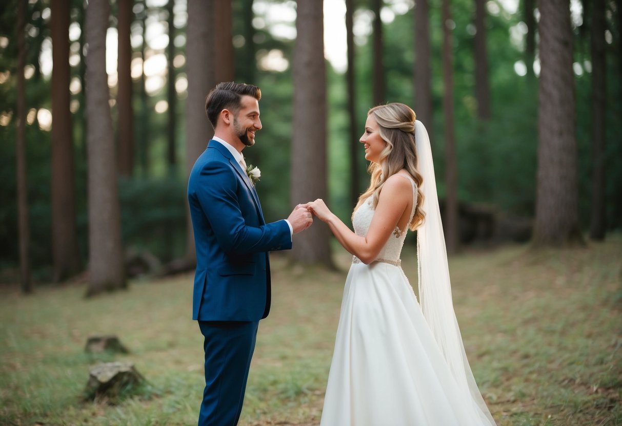 A couple exchanging vows in a secluded forest clearing