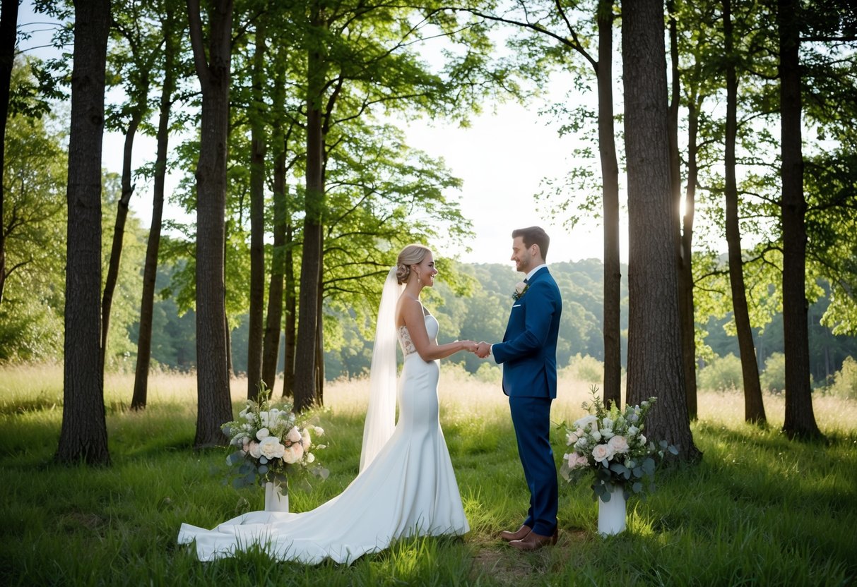 A couple exchanging vows in a secluded forest clearing, surrounded by tall trees and dappled sunlight filtering through the leaves