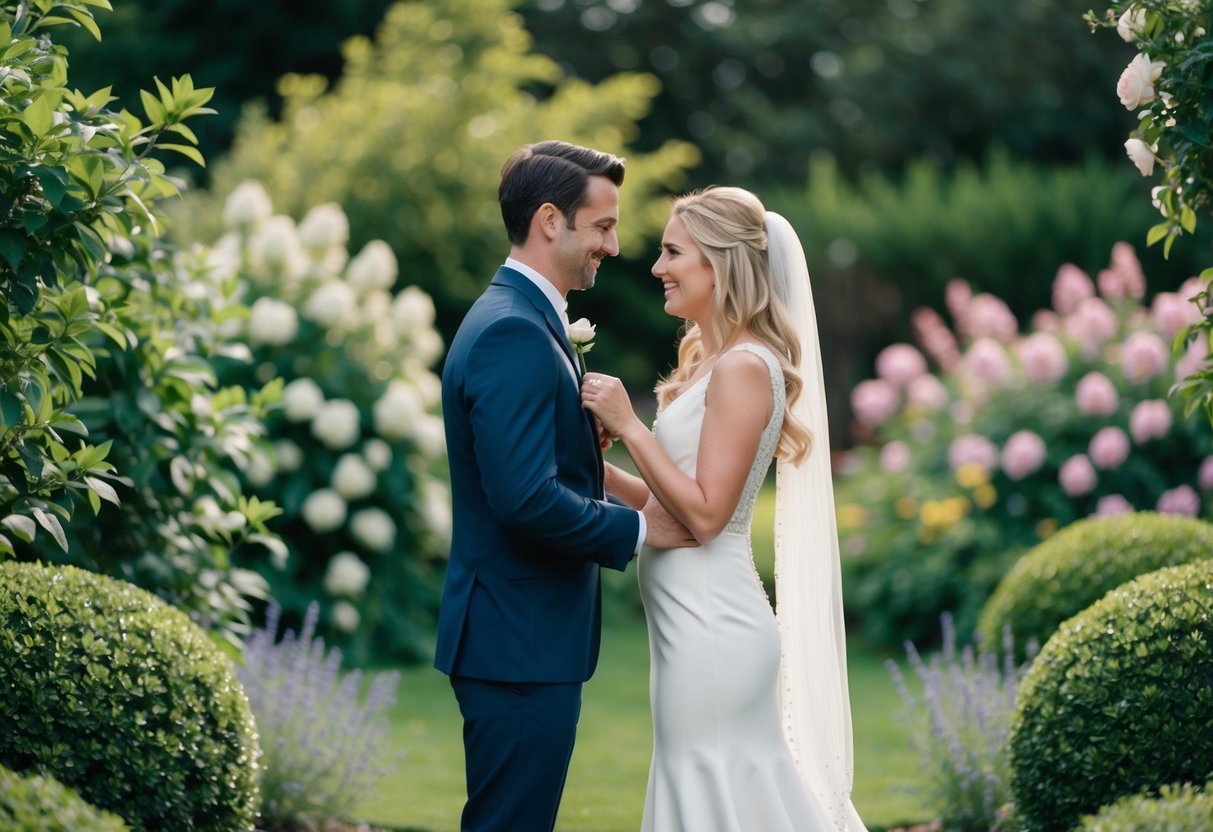 A couple exchanging vows in a secluded garden, surrounded by lush greenery and blooming flowers, with a sense of secrecy and intimacy