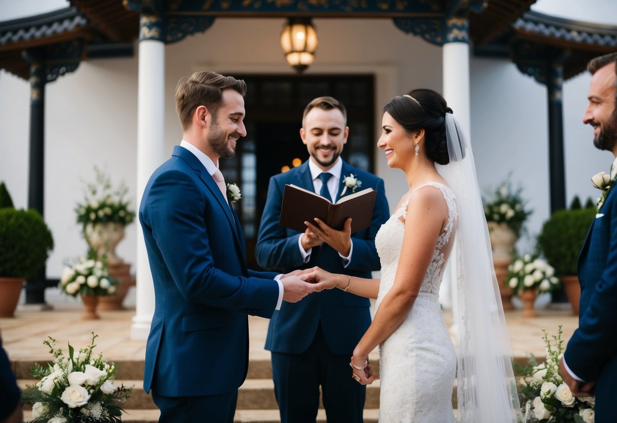 A couple standing at the front of a traditional wedding venue, with a friend holding a book and officiating the ceremony