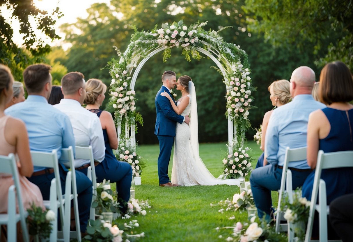 A serene outdoor setting with a decorative arch and floral arrangements, surrounded by friends and family, with a sense of love and unity