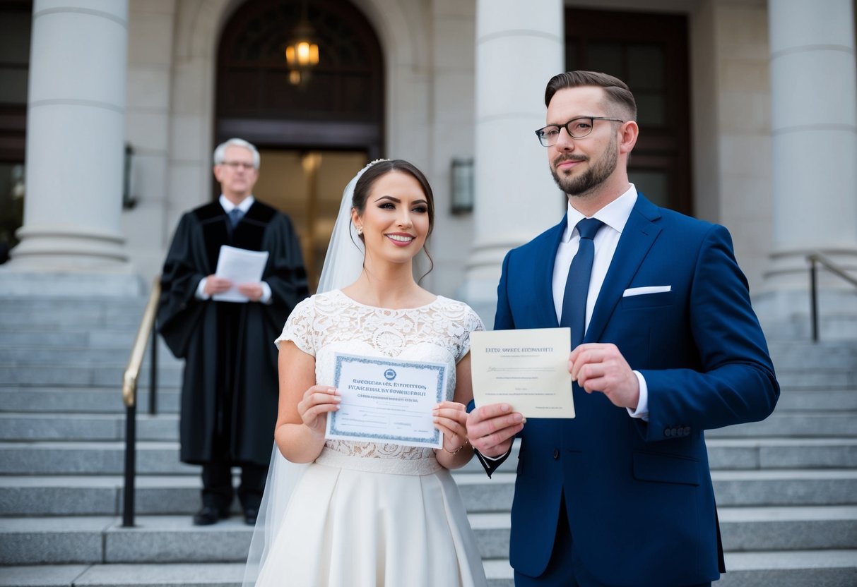 A couple stands in front of a courthouse, one holding a marriage certificate while the other holds a decree absolute. The judge looks on, waiting for a decision