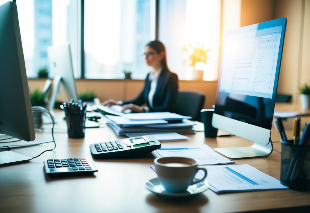 Un bureau de bureau occupé avec un ordinateur, une calculatrice, des papiers et une tasse de café