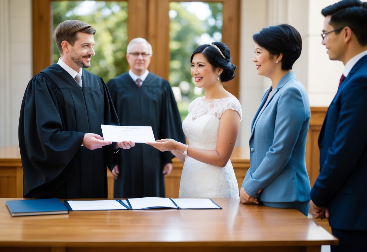 A couple standing before a judge, one holding a marriage certificate while the other awaits a decree absolute