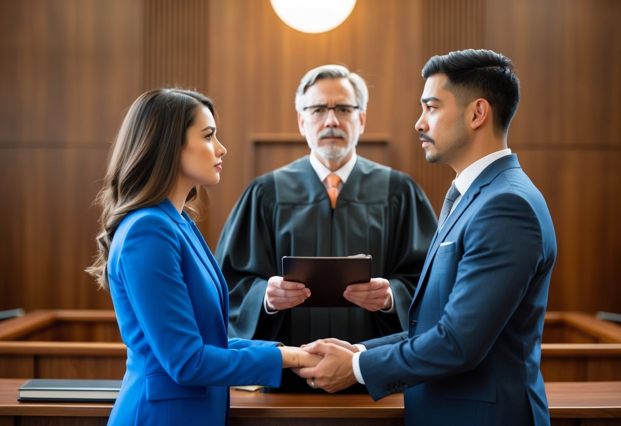A couple standing before a judge, holding hands, with one partner showing a decree absolute while the other looks concerned