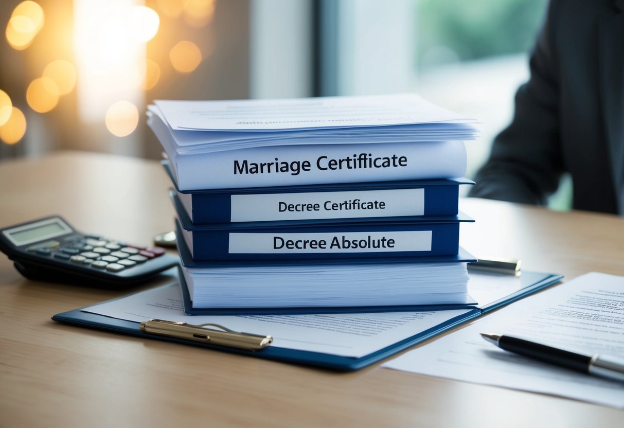 A stack of legal documents sits on a desk, including a marriage certificate and a decree absolute. A calculator and pen are nearby, indicating financial considerations