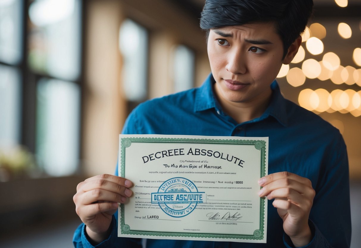 A person holding a marriage certificate with a stamp that reads "Decree Absolute" while looking confused and uncertain