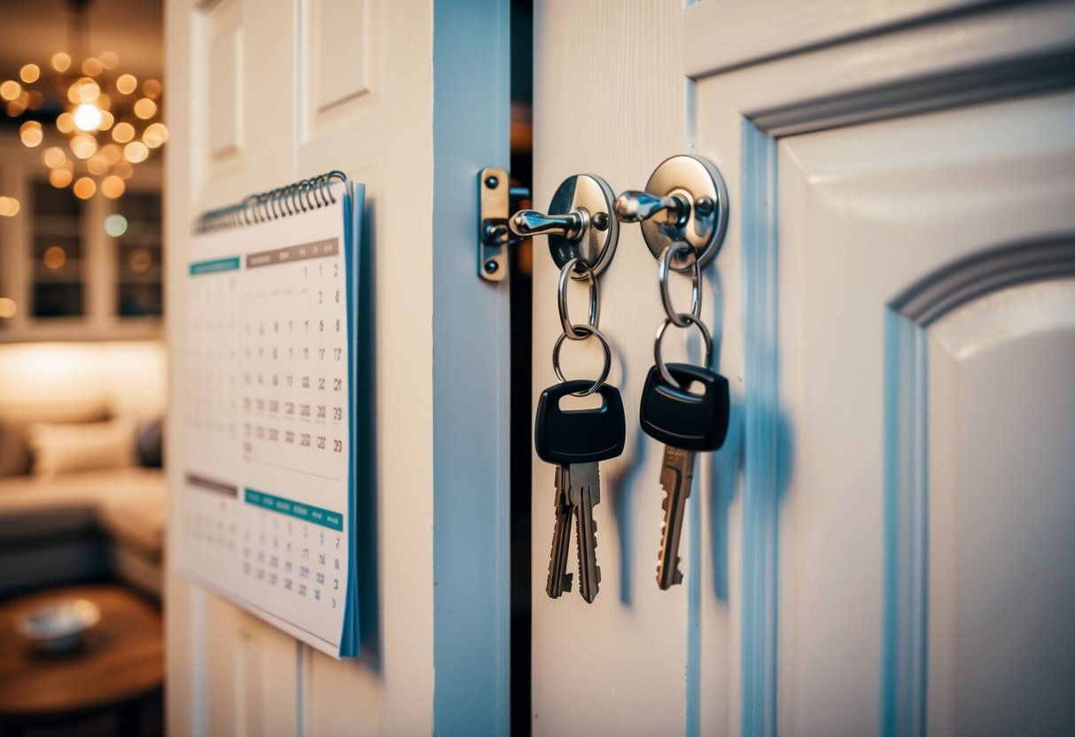 A cozy home with two sets of keys hanging by the door, shared belongings, and a joint calendar on the wall