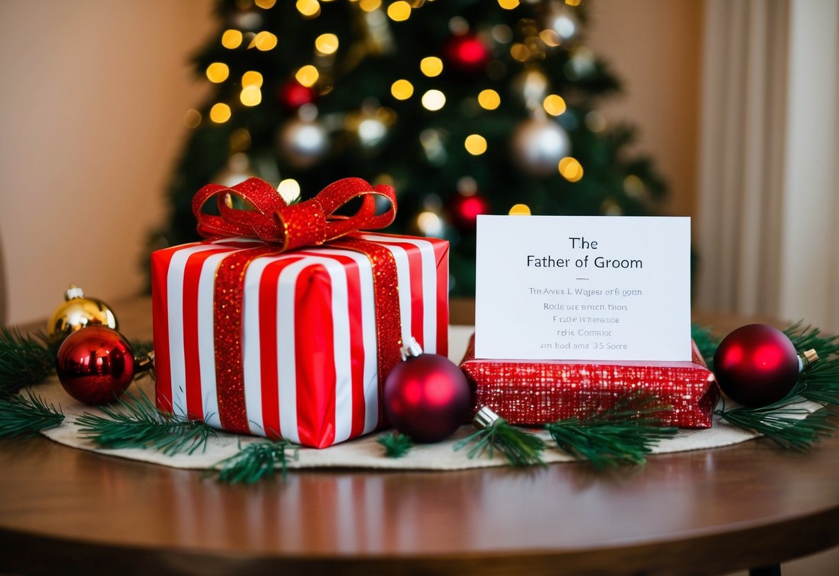 A wrapped gift sits on a table, surrounded by festive decorations and a card addressed to the father of the groom