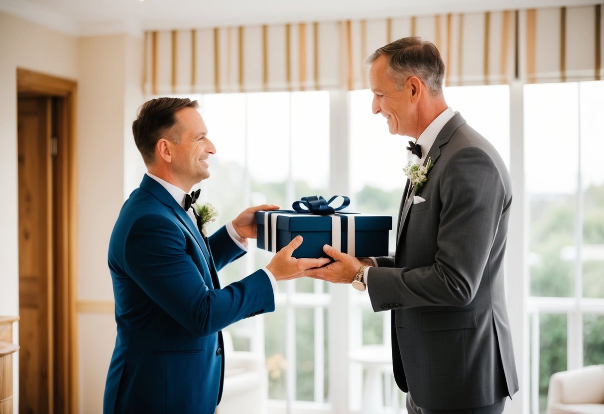 A father of the groom receiving a thoughtful gift from the newlyweds