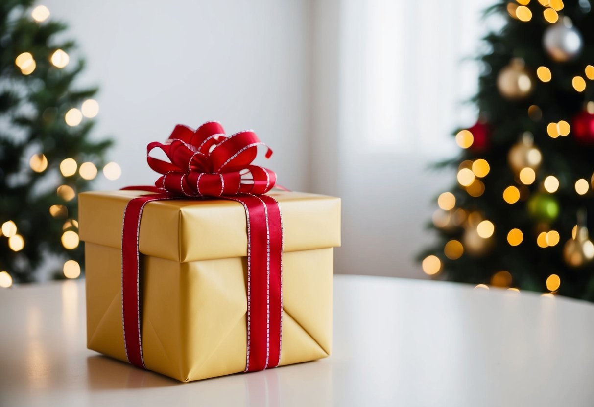 A wrapped gift box sits on a table, adorned with a ribbon and bow