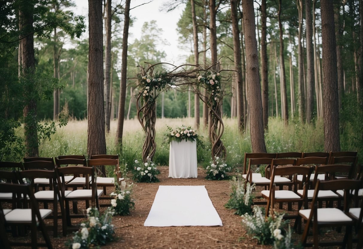 A hidden wedding in a secluded forest clearing, with a simple altar made of intertwined branches and wildflowers