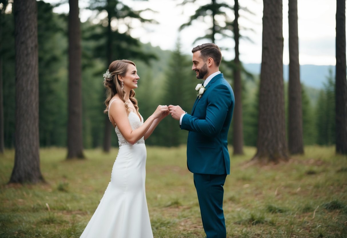 A couple exchanging vows in a secluded forest clearing