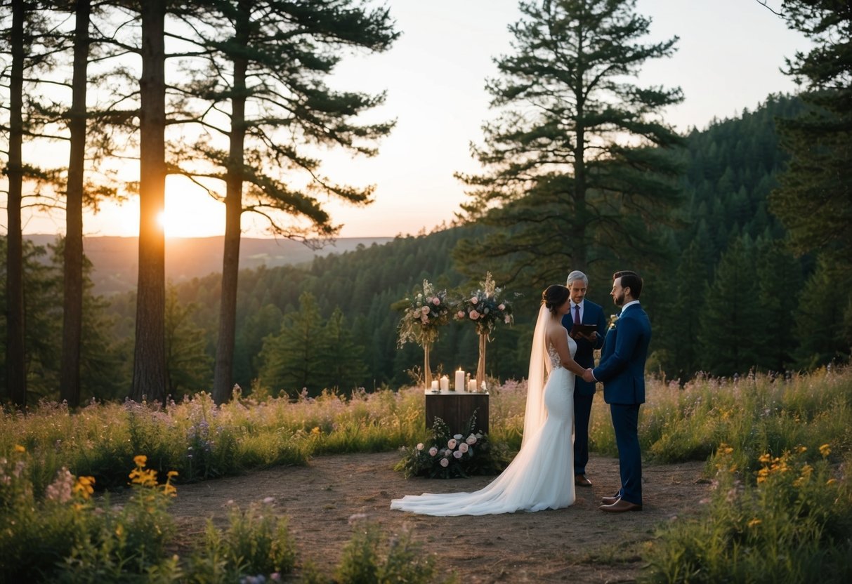 A secluded forest clearing at sunset, with a simple altar made of wildflowers and a small, intimate ceremony taking place between two figures exchanging vows