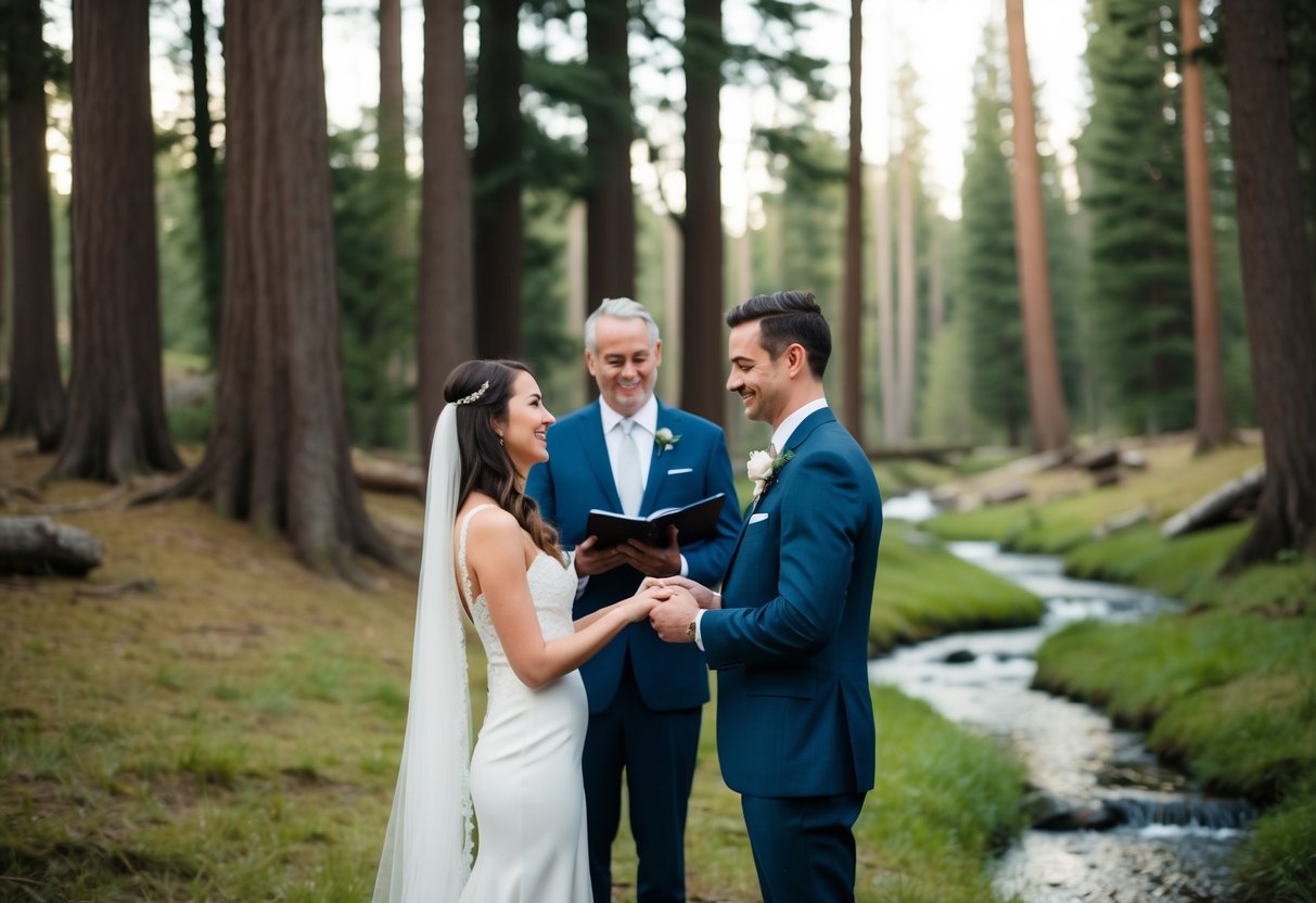 A couple exchanging vows in a secluded forest clearing, surrounded by tall trees and a gentle stream, with only the sounds of nature as witnesses