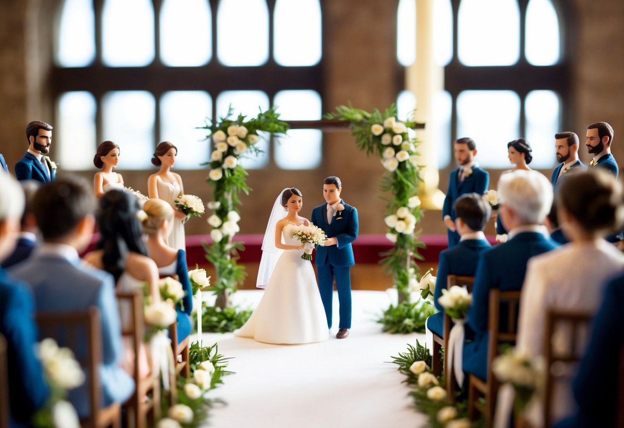 A miniature wedding ceremony with small-scale decorations and tiny participants